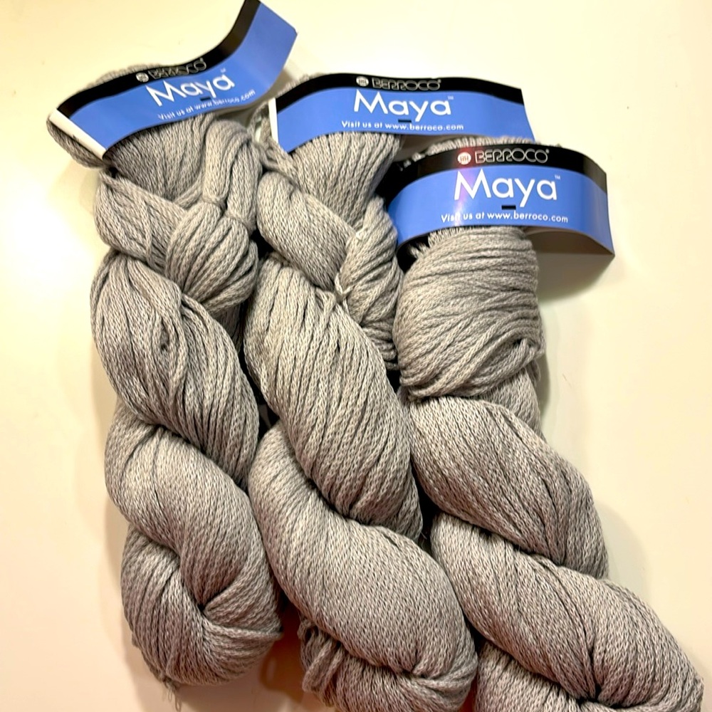 NWT Maya Worsted yarn from Berroco. Bundle of 3 50-gm hanks in silvery gray.